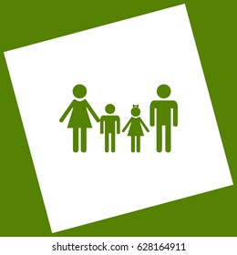 Family sign. Vector. White icon obtained as a result of subtraction rotated square and path. Avocado background.