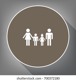 Family sign. Vector. White icon on brown circle with white contour and long shadow at gray background. Like top view on postament.