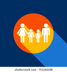 Family sign. Vector. White icon on tangelo circle with infinite shadow of light at cool black background. Selective yellow and bright navy blue are produced.