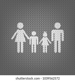 Family sign. Vector. White knitted icon on gray knitted background. Isolated.