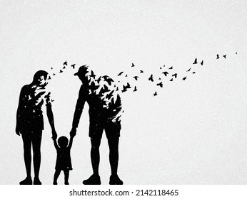 Family silhouette. Child and dying parent outline. Death and afterlife