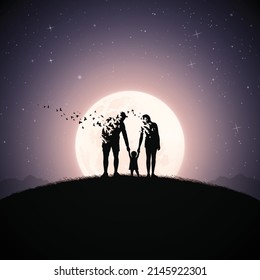 Family silhouette. Child and dying parent. Death, afterlife. Full moon