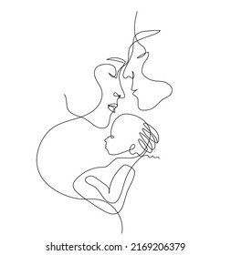 Family silhouette. A couple with a child. Vector illustration. Unique picture. A child is a manifestation of love. Print on clothes or other items.