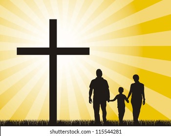 family silhouette in the cross over yellow background. vector