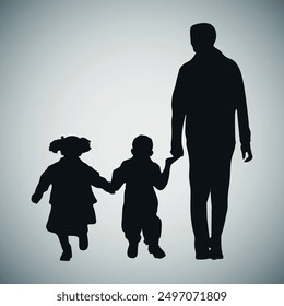 Family silhouette. Dad and his children. Vector on gray background.