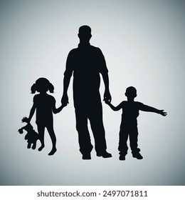 Family silhouette. Dad and his children. Vector on gray background.