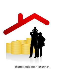 Family silhouette and dollar coins under new house roof