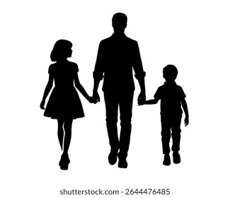 Family silhouette, a father and his son and daughter walking hand in hand, isolated icon on white background