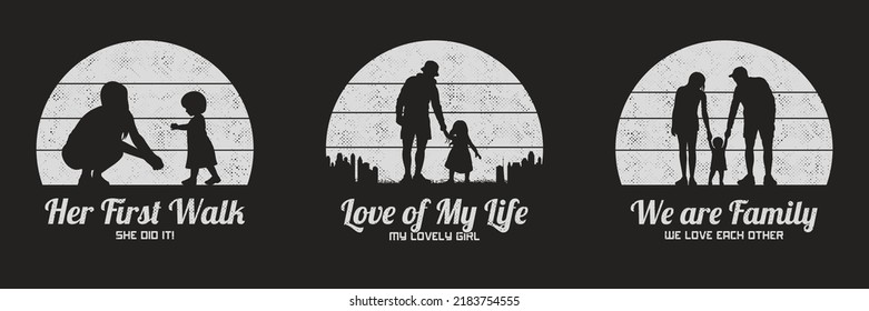 Family silhouette. Father, mother and child. Retro vintage t-shirt set