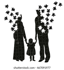 family silhouette. father, mother and child. parents break up a puzzle. conflict situations in the family.