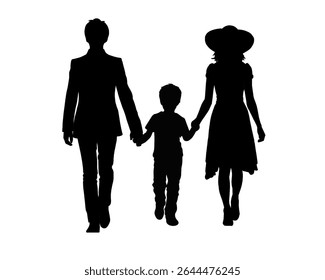 Family silhouette, a father, mother and son walking hand in hand, isolated icon on white background