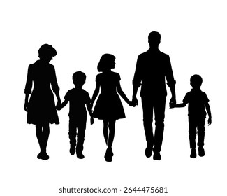 Family silhouette, a father, mother and their son and daughter walking hand in hand, isolated icon on white background