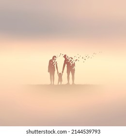 Family silhouette in fog. Child and dying parent. Death and afterlife