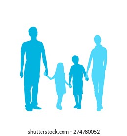 Family Silhouette, Full Length Couple with Two Kids Embracing Holding Hands Vector Illustration Isolated over White Background