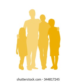 Family Silhouette, Full Length Couple With Two Kids Embracing Holding Hands Vector Illustration Isolated Over White Background