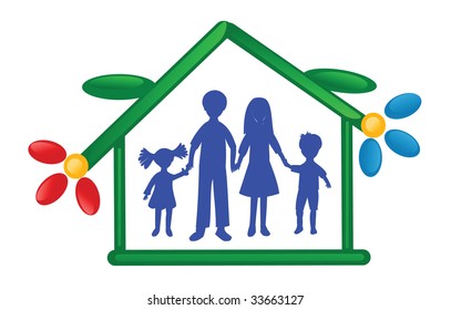 Family silhouette in green house.