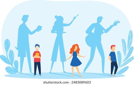 Family silhouette heroes children admiring parents kids looking up adult figures role models shadows. Young girl dreaming becoming artist boy inspired be musician future aspirations imagination