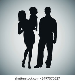 Familiensilhouette. Mama, Papa und ihr Kind. Vektorgrafik auf grauem Hintergrund