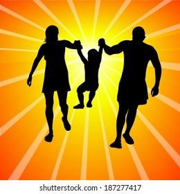 Family silhouette mother father child at sunset.  Vector