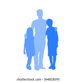 Family Silhouette Mother with Two Kids Holding Hands, Full Length Vector Illustration Isolated