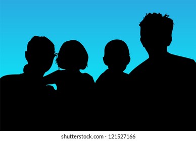 family silhouette on a blue background, Mom and Dad and children