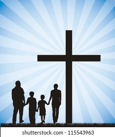 family silhouette on the cross over sky background. vector