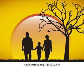 family silhouette over afternoon background. vector illustration