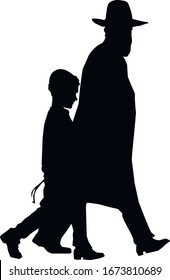 Family silhouette of a religious young jew. Father and son are walking along the street. A man in a hat and coat. The boy is dressed in tallite katan and tzitzit. People in traditional clothes. Isolat