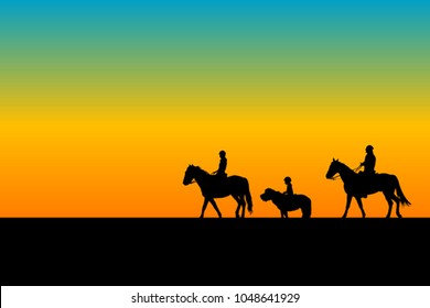 Family silhouette riding horses and ponny