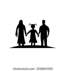 A family silhouette of three people holding hands, showing unity and togetherness. Depicting love, support, and family relationships, highlighting the bond shared between parents and children.