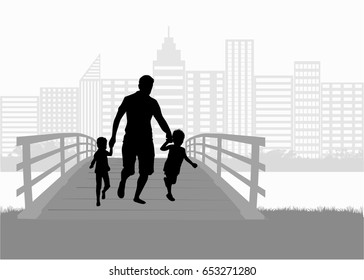 Family silhouette urban background.