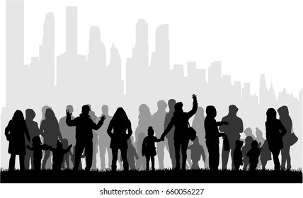Family silhouette, urban background.