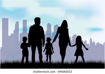 Family silhouette, urban background.