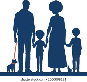 Ilustración vectorial de la silueta de la familia con el perro y el gato mezquinos allí