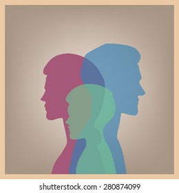 Family silhouette vector portrait: mother, father, son. Relationships, adults, children.  Greeting card, concept illustration, logo, user icon, packaging design, vector character design.