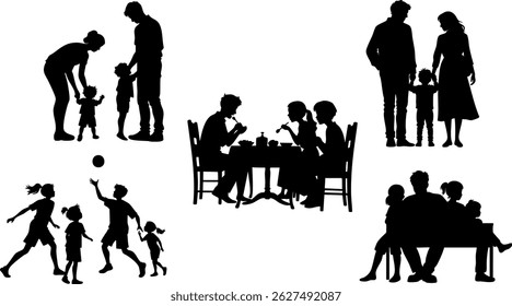 Family Silhouette Vector Set of Parents, Children, and Everyday Life Moments