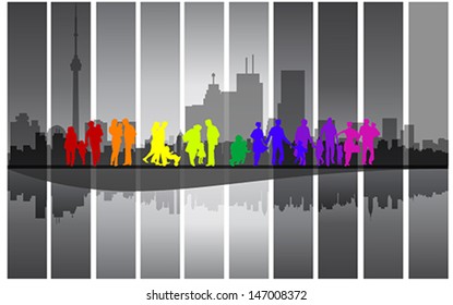 Family silhouette walking in the city. Mother, father with children. Vector