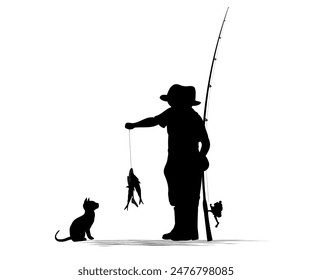 Family silhouettes. A boy caught fish for the cat. Vector illustration	
