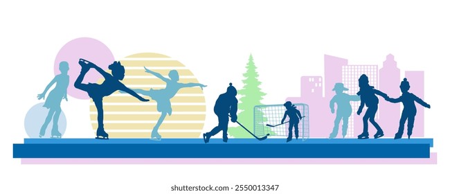 Family silhouettes, children skating, winter panorama on white background. Vector illustration.