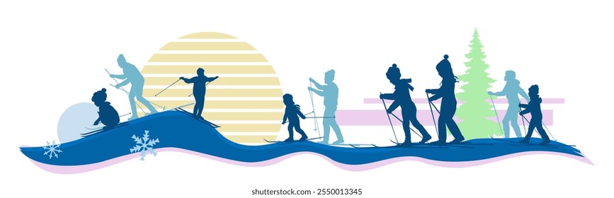 Family silhouettes, children skiing, winter panorama on white background. Vector illustration.
