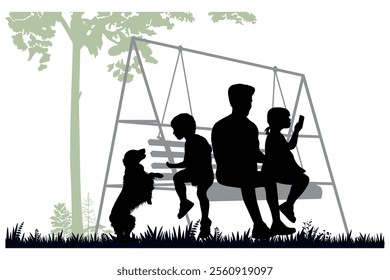 Family silhouettes. Father with children on a swing bench. Vector illustration.	