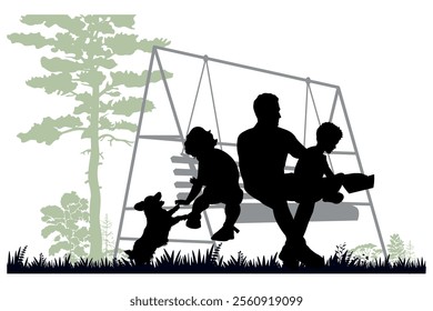 Family silhouettes. Father with children on a swing bench. Vector illustration.	