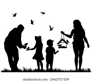 Family silhouettes. Father and mother with children and birds. Vector illustration	
