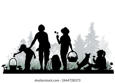 Family silhouettes. Father, mother and children picking mushrooms in the forest. Vector illustration	
