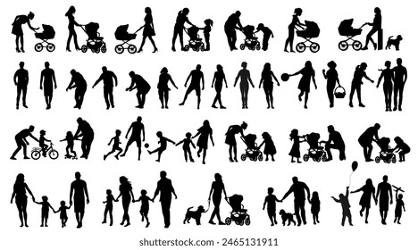 Family silhouettes. Father,  mother and children walk together. Vector illustration