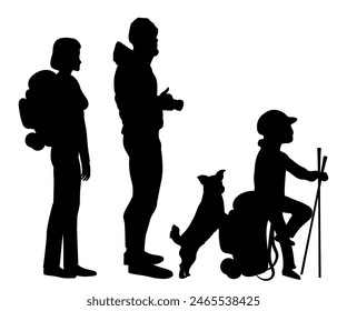 Family silhouettes. Father, mother and children hiking together. Vector illustration