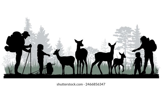 Familien-Silhouetten. Vater, Mutter und Kinder trafen im Wald auf Hirsche. Vektorillustration	