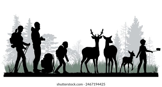  Siluetas familiares. Padre, madre e hijos conocieron ciervos en el bosque. Ilustración vectorial