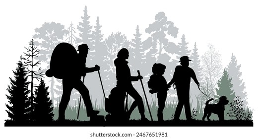 Family silhouettes. Father, mother and children hiking togetherin the forest. Vector illustration