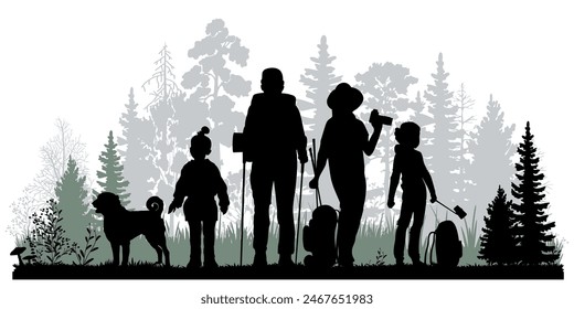 Family silhouettes. Father, mother and children hiking togetherin the forest. Vector illustration